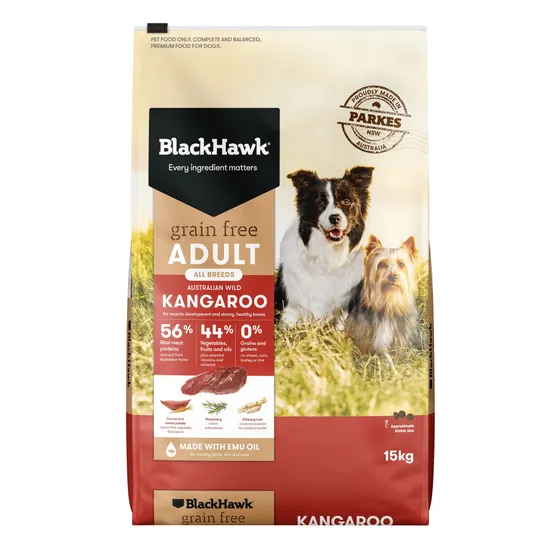 BlackHawk Kangaroo Grain Free Adult Dog Dry Food available at Pet Shore, featuring Australian kangaroo for healthy dog nutrition.