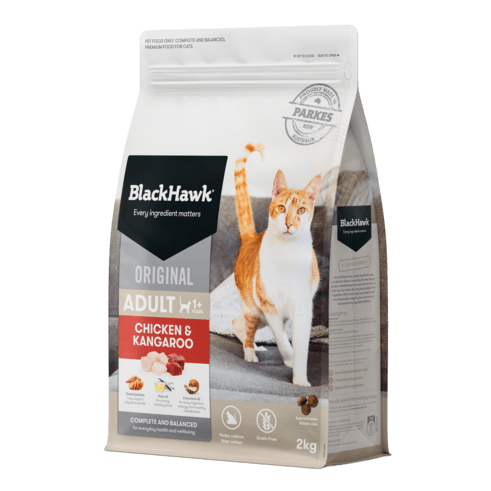 BlackHawk Chicken & Kangaroo Original Adult Cat Dry Food available at Pet Shore, made with Australian chicken and kangaroo for optimal cat health.