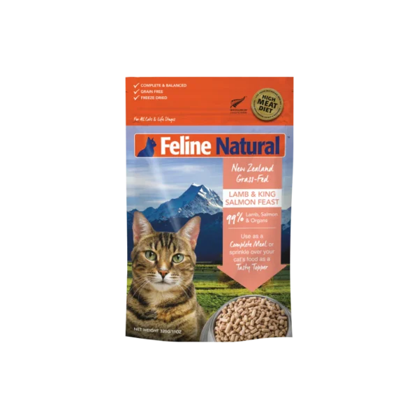 Feline Natural Lamb & King Salmon Freeze-Dried Cat Food Topper available at Pet Shore for nutritious cat meals.