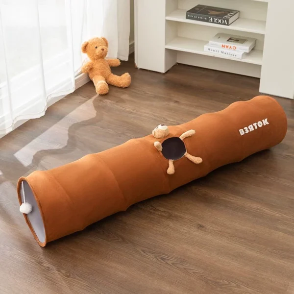 1.2-meter collapsible cat tunnel in brown plush bear design for cats, available at Pet Shore.